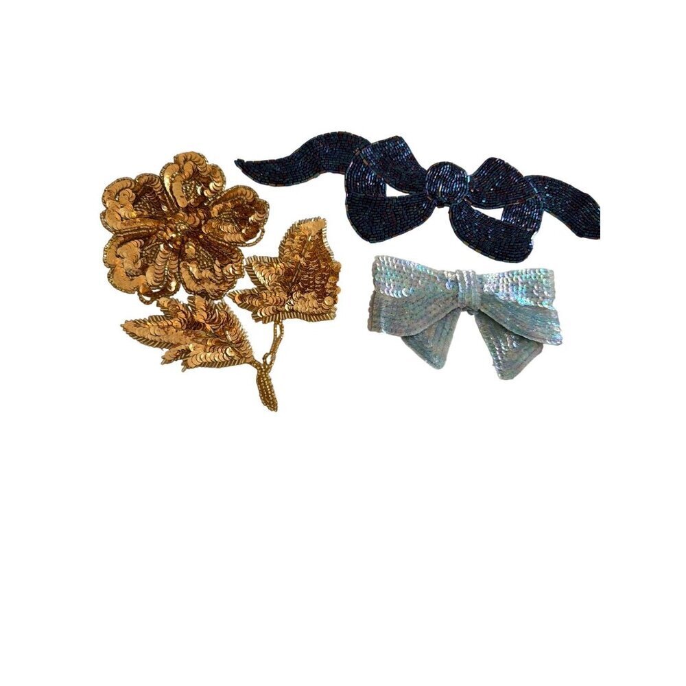 Bundle of 3 Vintage Beaded Sequin Appliques Flower Bows